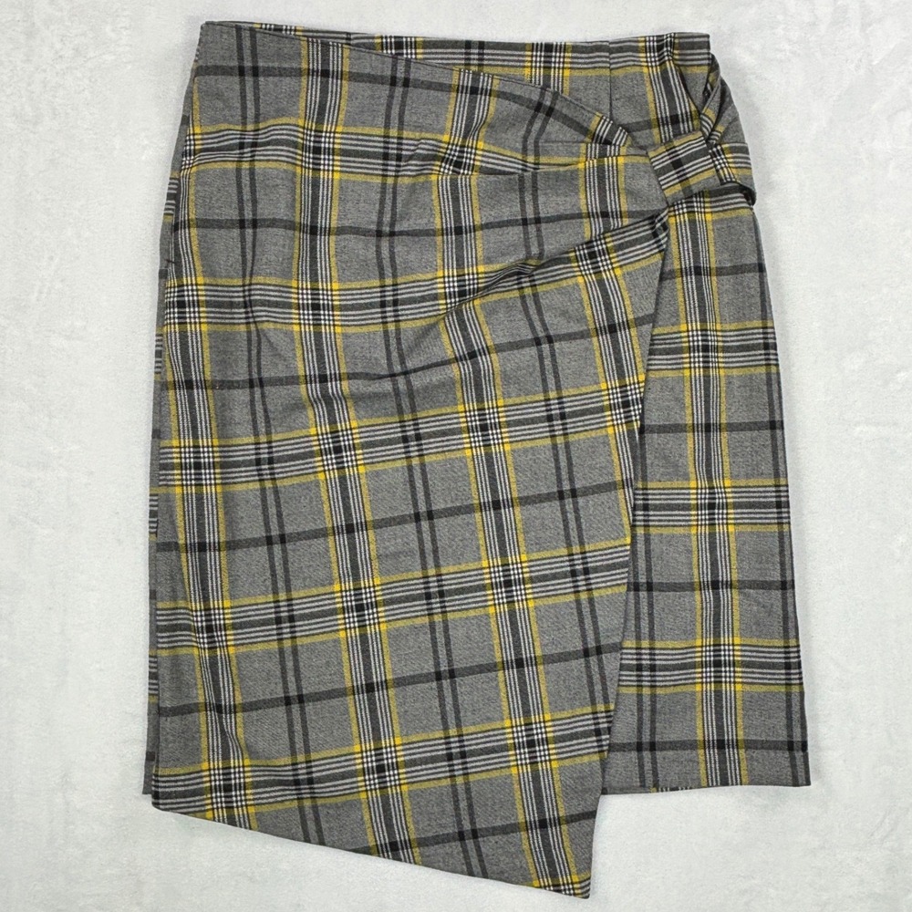 Ellen Tracy Grey Yellow Plaid Faux Wrap Asymmetrical Knot Front Skirt Size 6